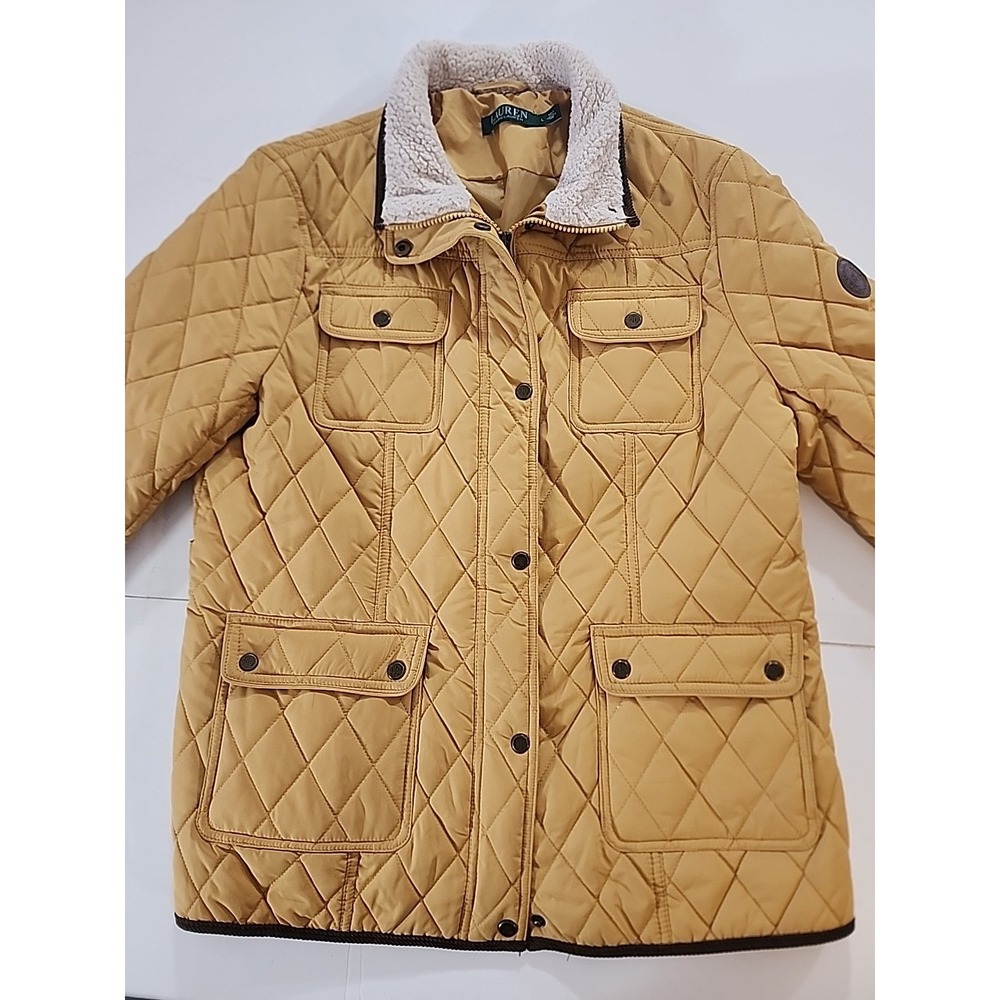 Lauren Ralph Lauren Women's Quilted Jacket Size L Mustard Yellow Sherpa Collar